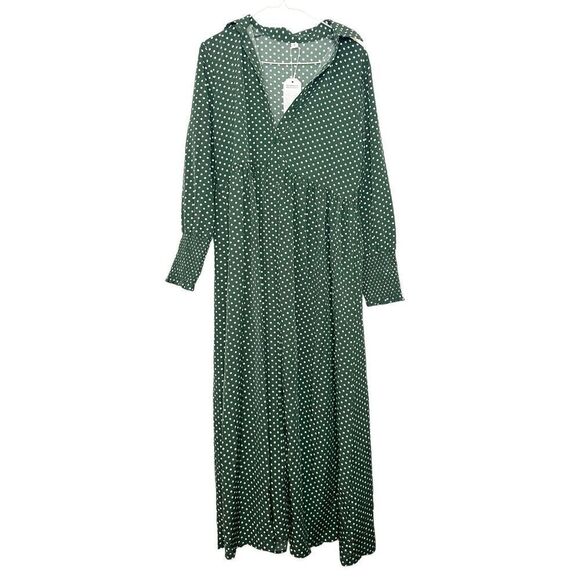 NWT Made With Love Polka Dot Long Sleeve Button Front Dress Green White Small - Picture 1 of 3